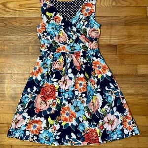 Lands' End Floral Sleeveless Dress - Blue and Orange Small Petite